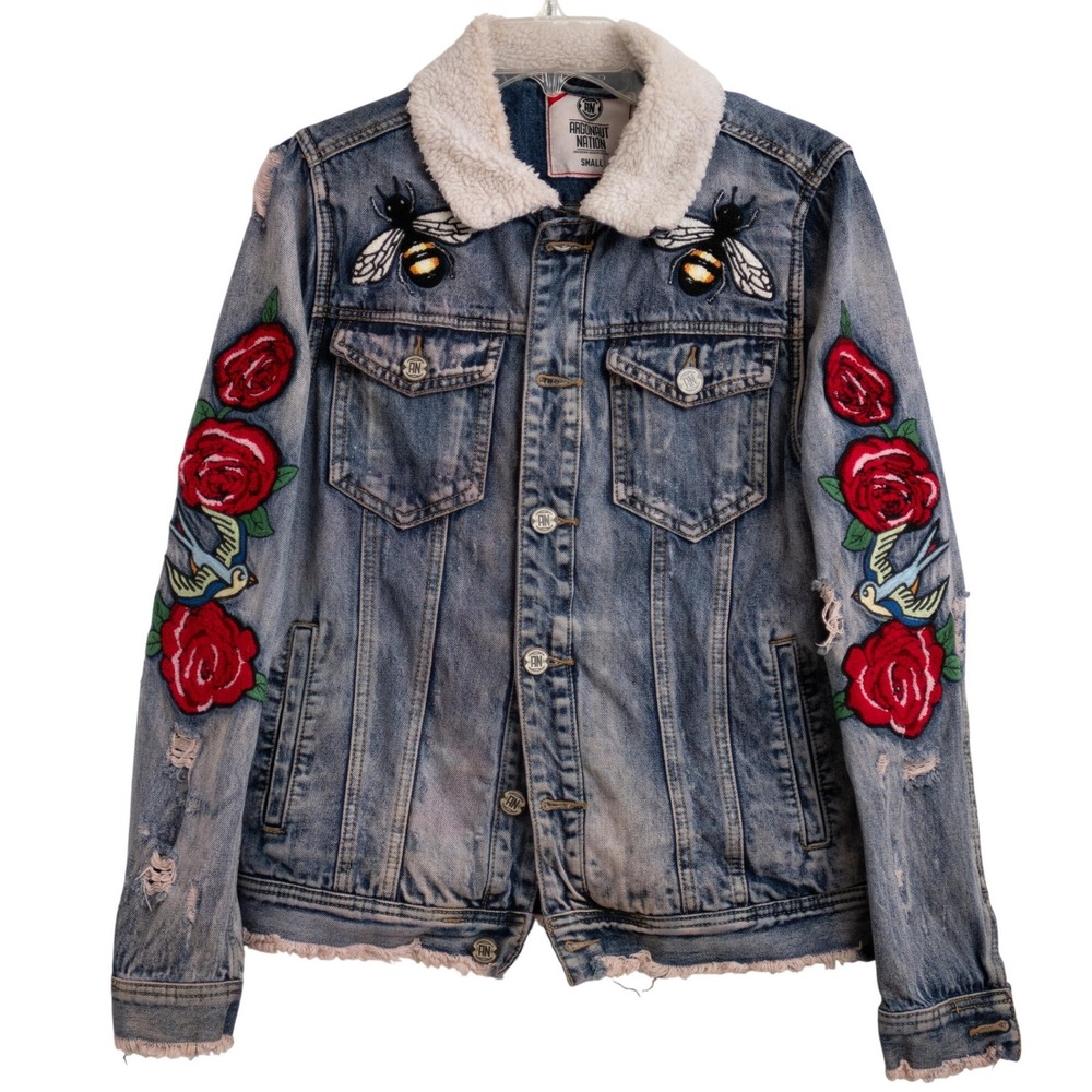 Mens Distressed Denim Maximalist Jacket Embroidered Patchwork Edgy Urban Rock